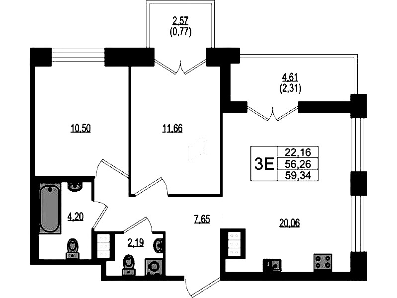 2-комнатная квартира 59.34 м², 4/4 эт., ЖК «Ranta Residence»